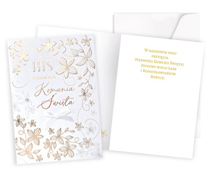 Kartka okolicznościowa - Pierwsza Komunia Święta - złote kwiaty - 1 szt.