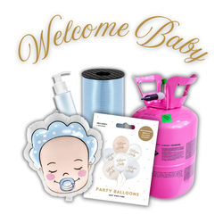 Zestaw WELCOME BABY - CHŁOPIEC - 7 balonów + Wstążka + Uszczelniacz + Butla z helem