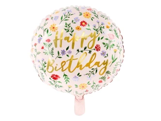 Balon foliowy Happy Birthday - Jasnoróżowy w kwiaty - 45cm