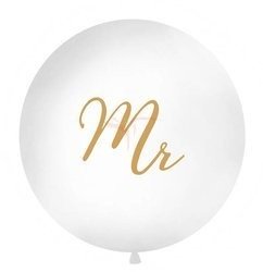 Balon lateksowy 1m - Okrągły - Biały - Złoty napis "Mr"