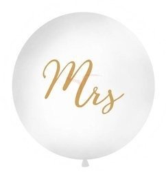 Balon lateksowy 1m - Okrągły - Biały - Złoty napis "Mrs"