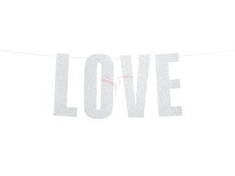 Baner papierowy - Love - Srebrny - Brokatowy - 21 x 55 cm