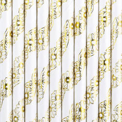 Białe słomki papierowe - Złote Kwiaty - 19.5 cm