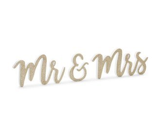 Drewniany napis - Mr & Mrs - Złoty brokat - 50 x 10 cm
