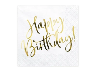 Serwetki papierowe - Happy Birthday - Białe - Złoty napis - 20 sztuk