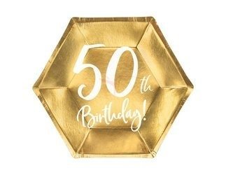 Talerzyki urodzinowe - 50th Birthday! - Złote - 6 sztuk