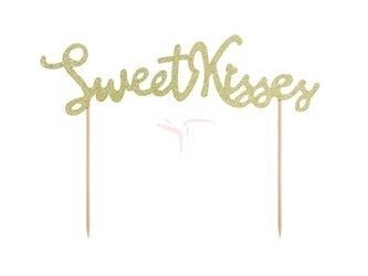 Topper na tort - Sweet Kisses - Złoty - Brokatowy - 16.5 cm
